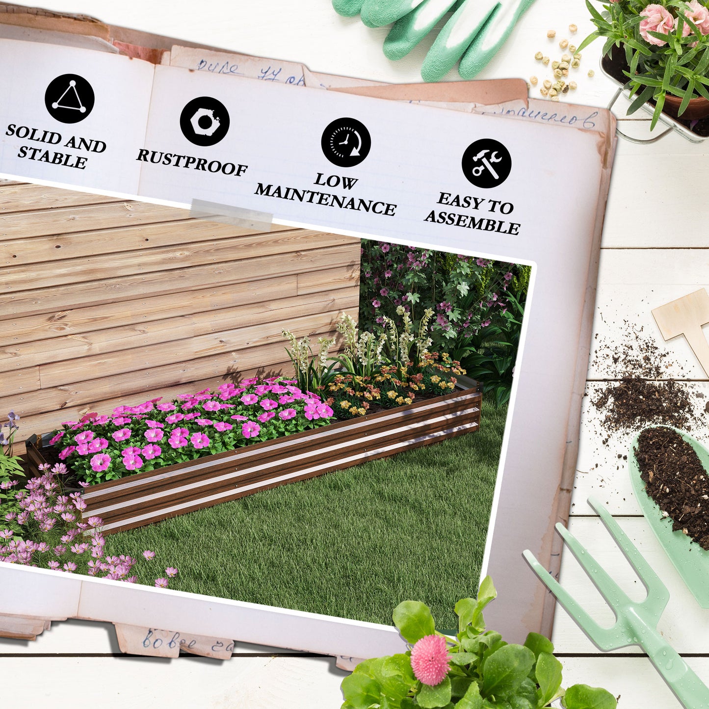 60 x 240cm Galvanised Steel Planter, with Open Bottom, Brown