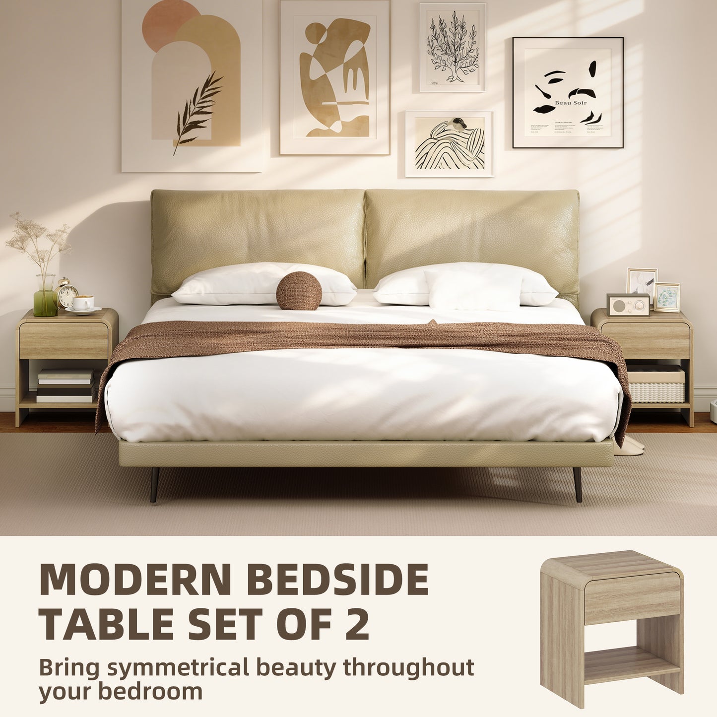 Bedside Tables Set of 2, Nightstands with Rounded Corners, Modern Side Table with Silent Drawer for Bedroom, Natural