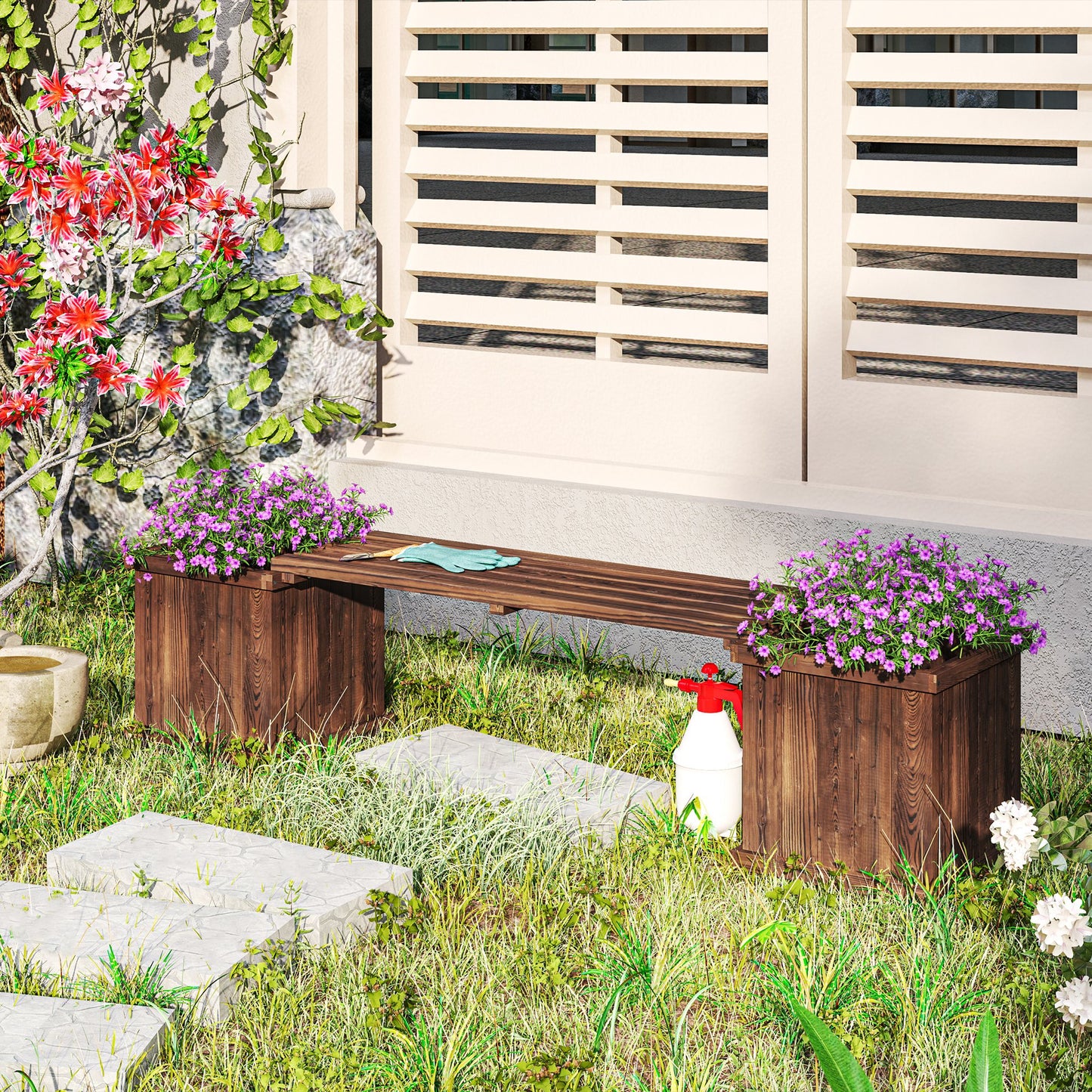 Wooden Garden Planter & Bench Combination Garden Raised Bed Patio Park Carbonised Finish 176 x 38 x 40 cm