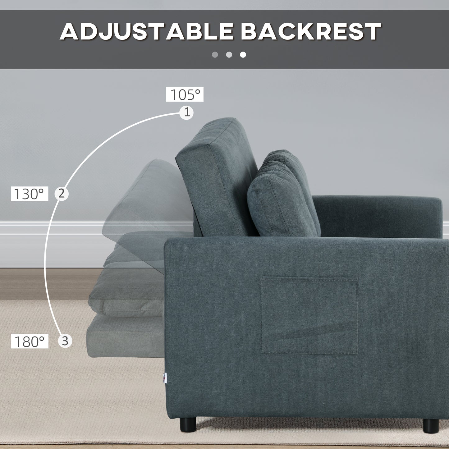 Loveseat Sofa Bed, Convertible Bed Settee with 2 Pillows, Side Pockets, Charcoal Grey