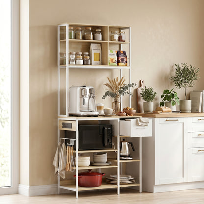 Kitchen Baker's Rack, Microwave Stand with Storage Shelves and 6 Hooks for Small Spaces