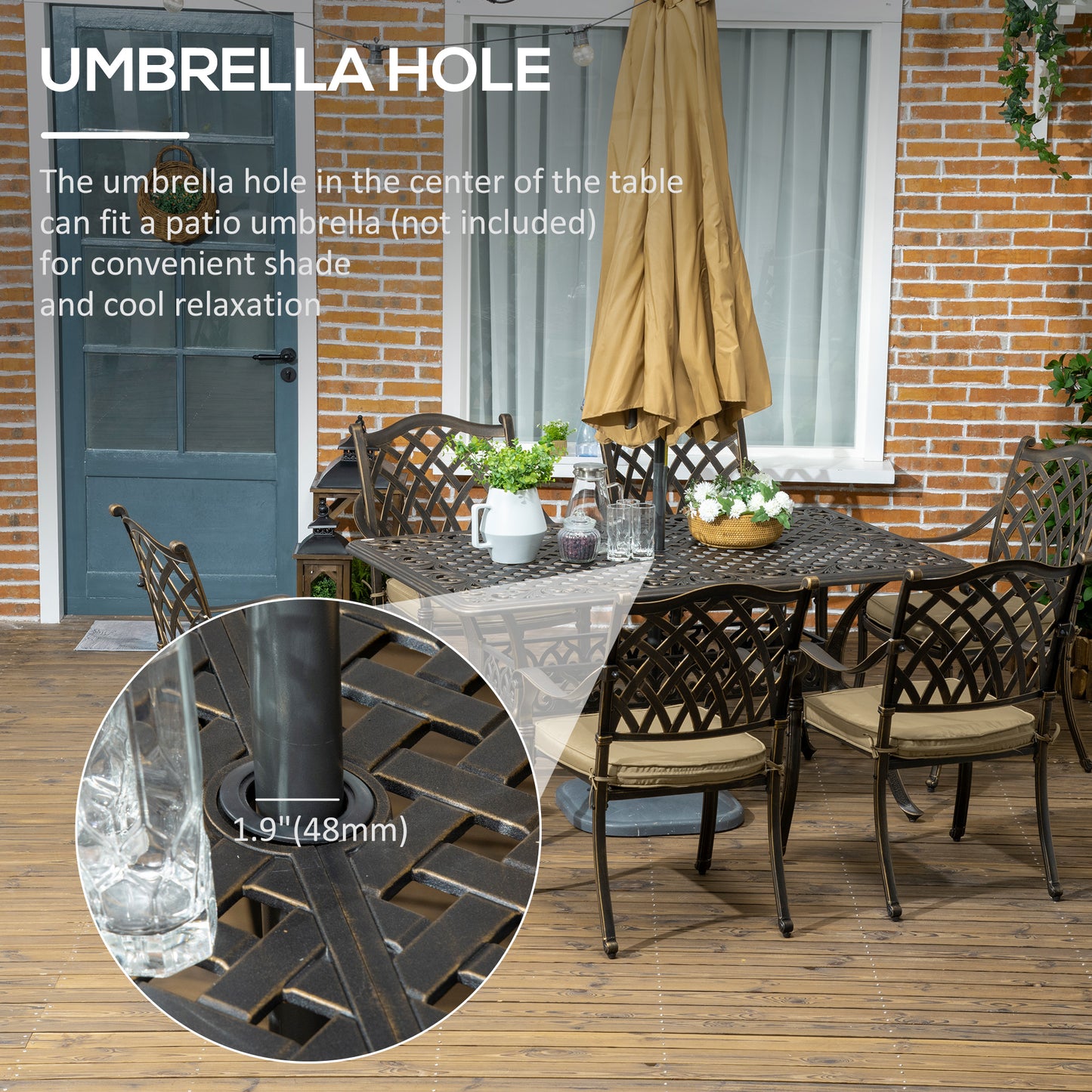 7 PCs Garden Patio Dining Set with Parasol Hole, Cast Aluminium Outdoor Furniture Set with Six Cushioned Chairs and Rectangle