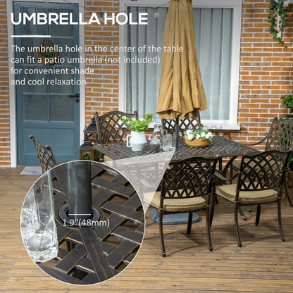 7 PCs Garden Patio Dining Set with Parasol Hole, Cast Aluminium Outdoor Furniture Set with Six Cushioned Chairs and Rectangle
