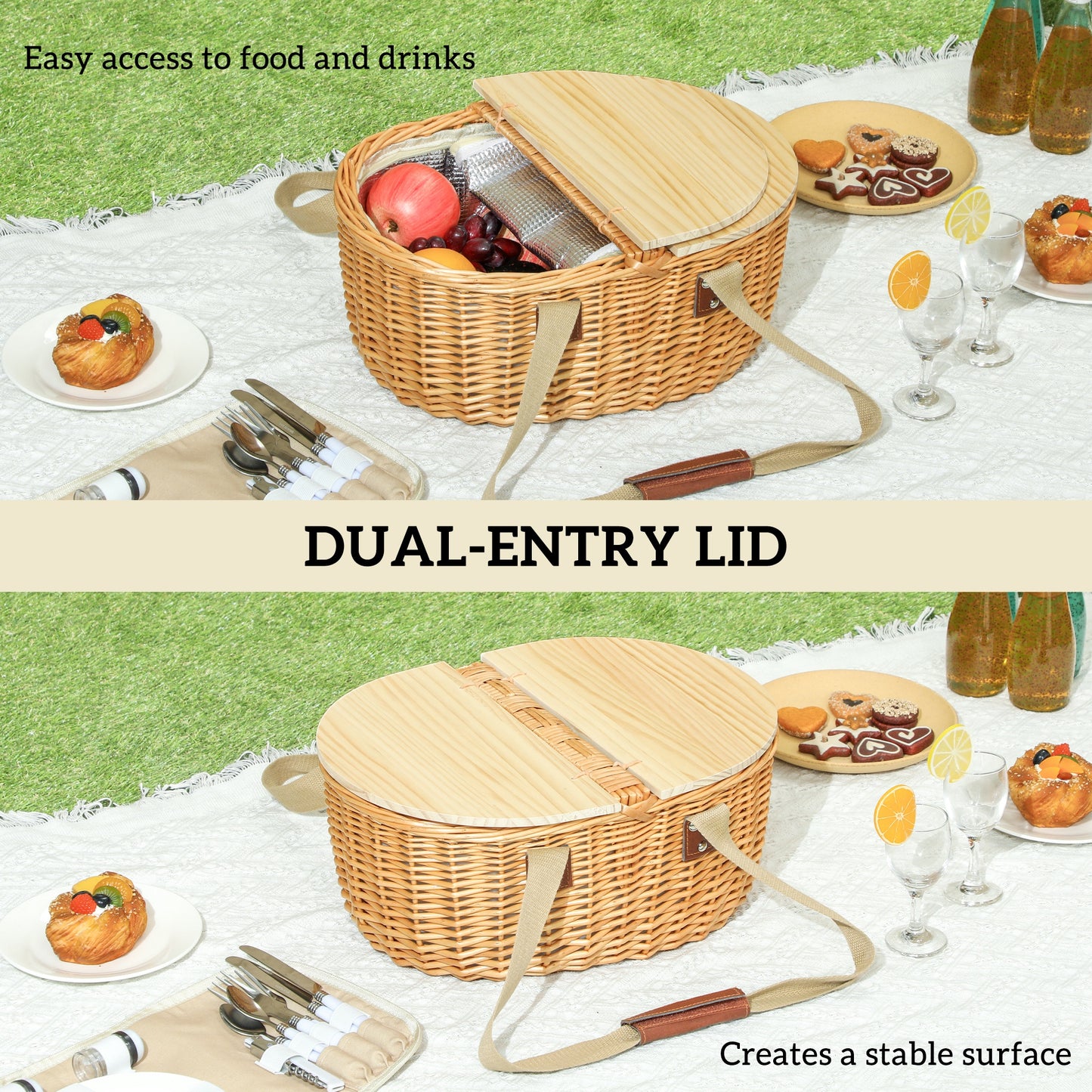 Wicker Picnic Basket for 2 with Pine Wood Lid, Picnic Hamper with Cooler Compartment, Cutlery Service Kits