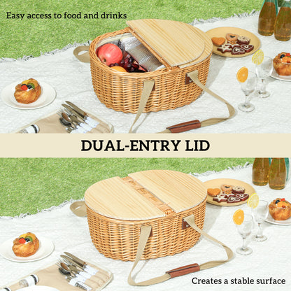 Wicker Picnic Basket for 2 with Pine Wood Lid, Picnic Hamper with Cooler Compartment, Cutlery Service Kits