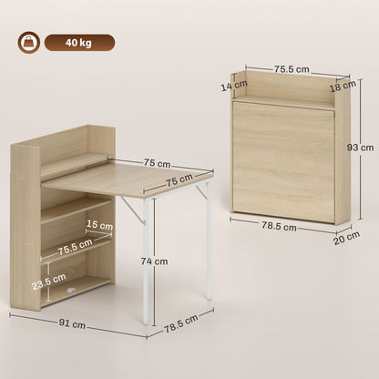 Kitchen Table, Folding Dining Table, with 4-Tier Shelves, Modern Drop-Leaf Table, Oak Wood Effect