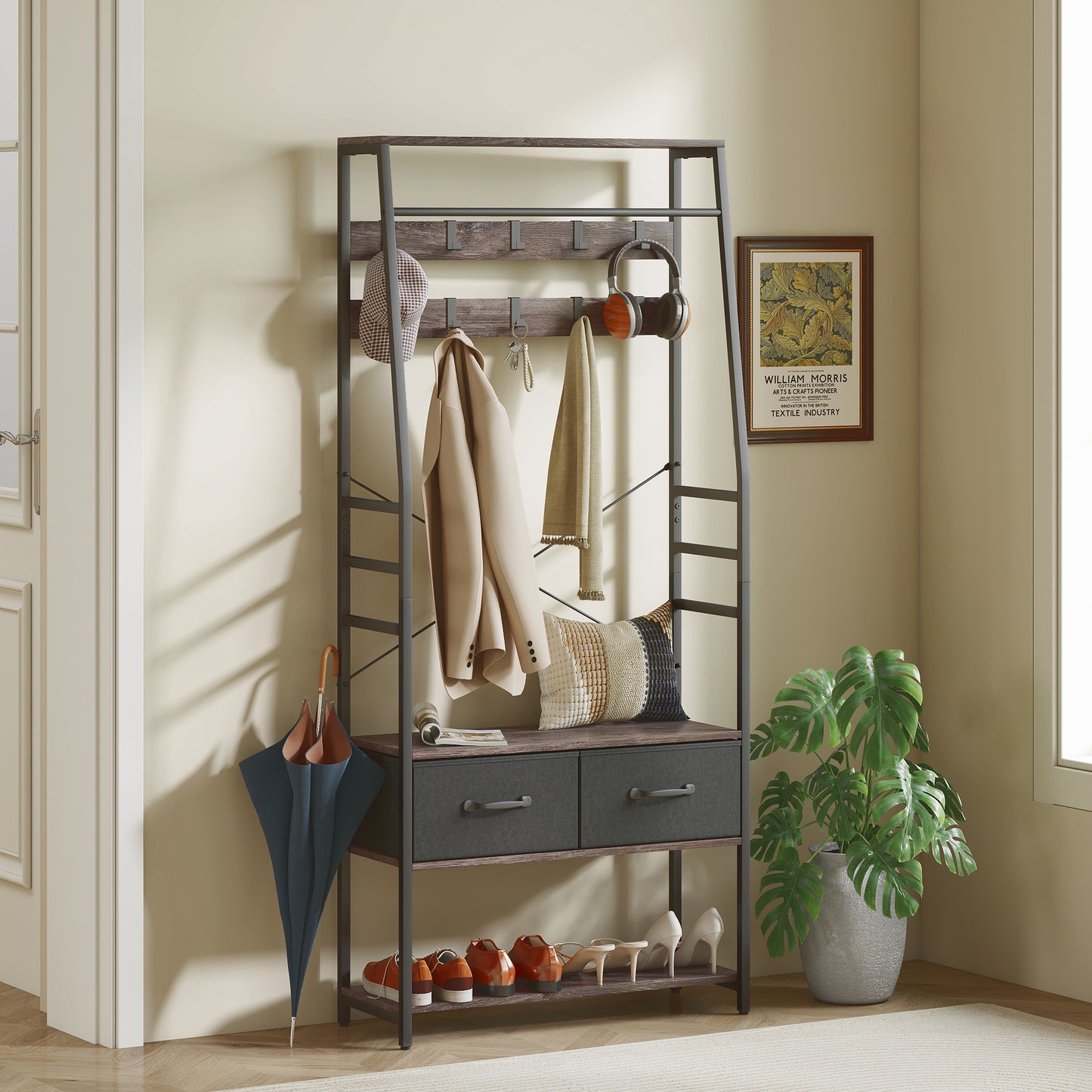 Coat Rack with Shoe Storage, Hall Tree, Industrial Coat Stand with Shoe Bench, 10 Removable Hooks