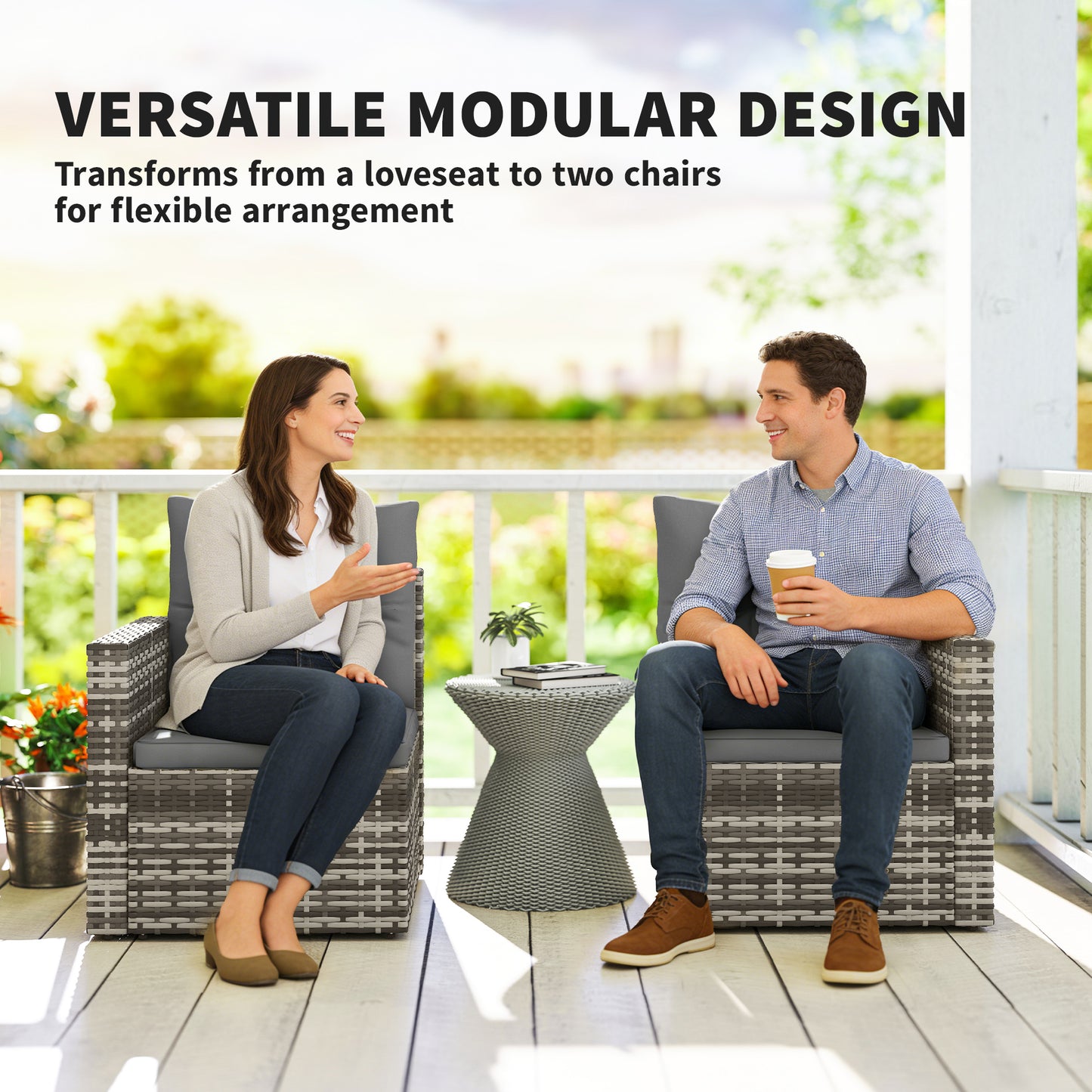 2 Seater Rattan Garden Sofa Outdoor Loveseat with Hidden Side Trays and Cushions for Patio Balcony, Dark Grey