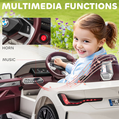 BMW i4 Licensed 12V Kids Electric Ride-On Car, White, Red and Light Blue