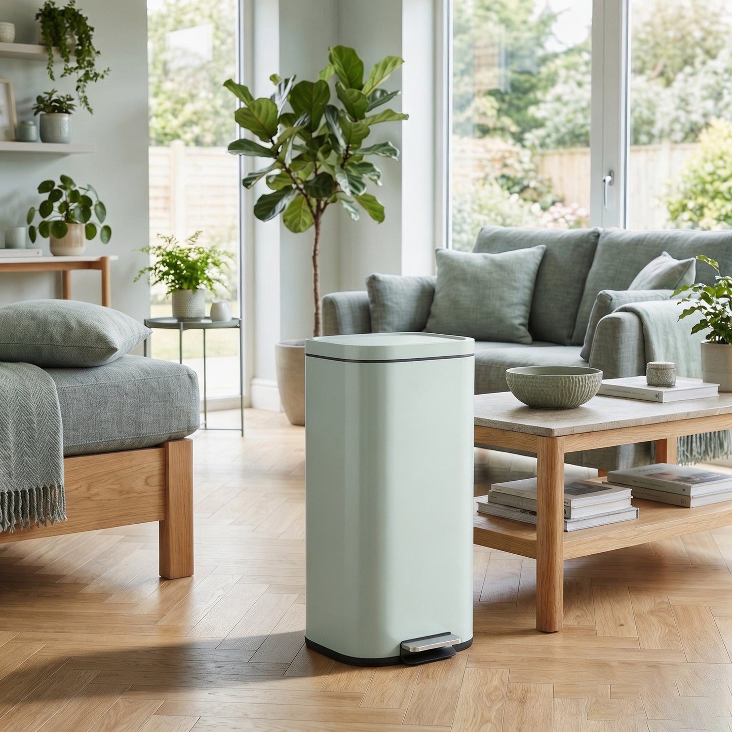 30L Kitchen Bin, Compact Pedal Bin with Soft-Close and Stay-Open Lid, Removable Bucket for Kitchen, Home, Office, Green