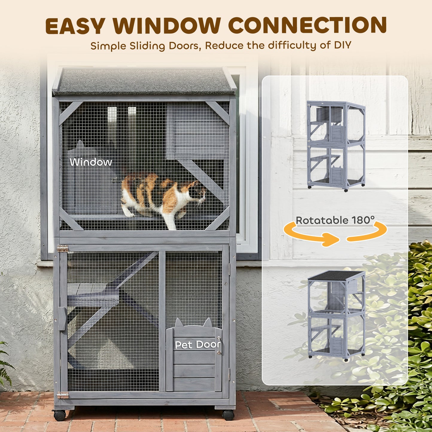 Movable Outdoor Catio with Resting Box, 3 Jumping Platforms, Waterproof Asphalt Roof for Outdoor Indoor