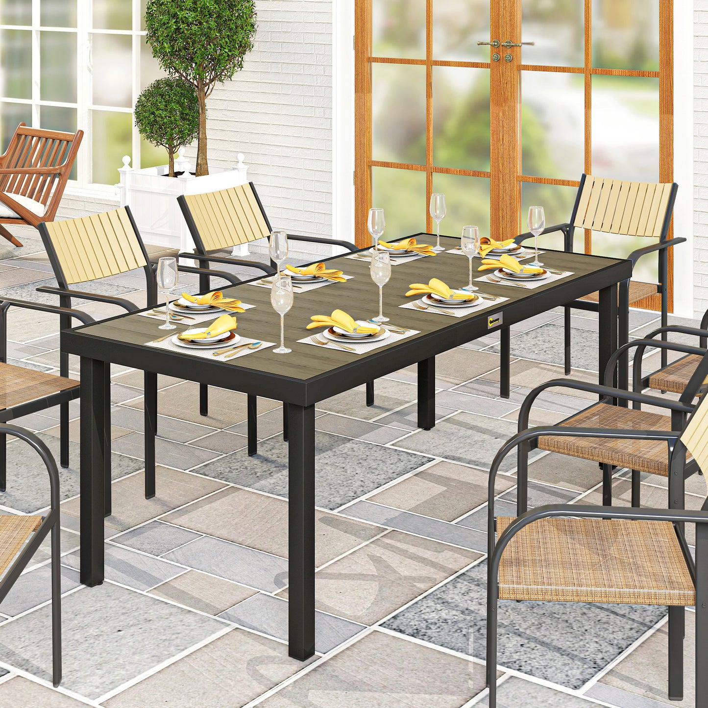 Aluminium Outdoor Garden Dining Table for 8 People, Faux Wood Top, for Garden, Patio, 190 x 90 x 74cm, Brown