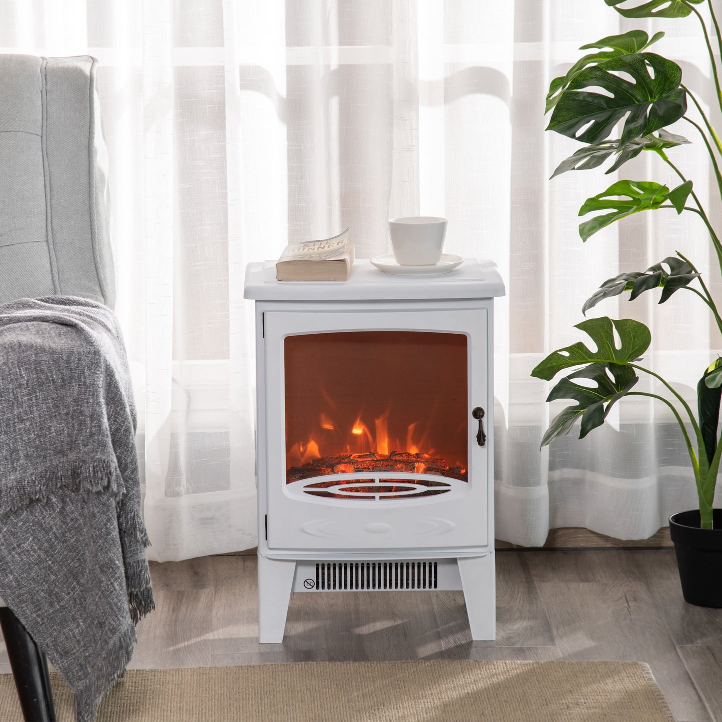 Electric Fireplace Stove, Free standing Fireplace Heater with Realistic LED Flame Effect and Adjustable Brightness