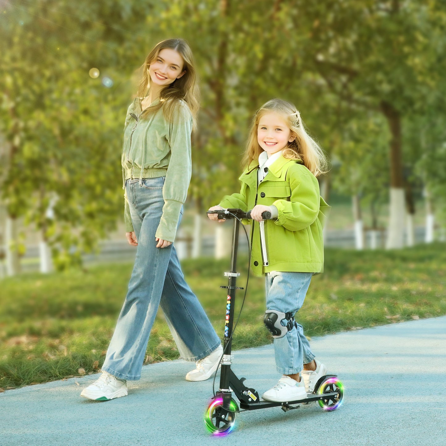Scooter for Kids Aged 3-8 Years, with Adjustable Handle, Two Light Up Wheels, Handbrake, Rear Brake, Black