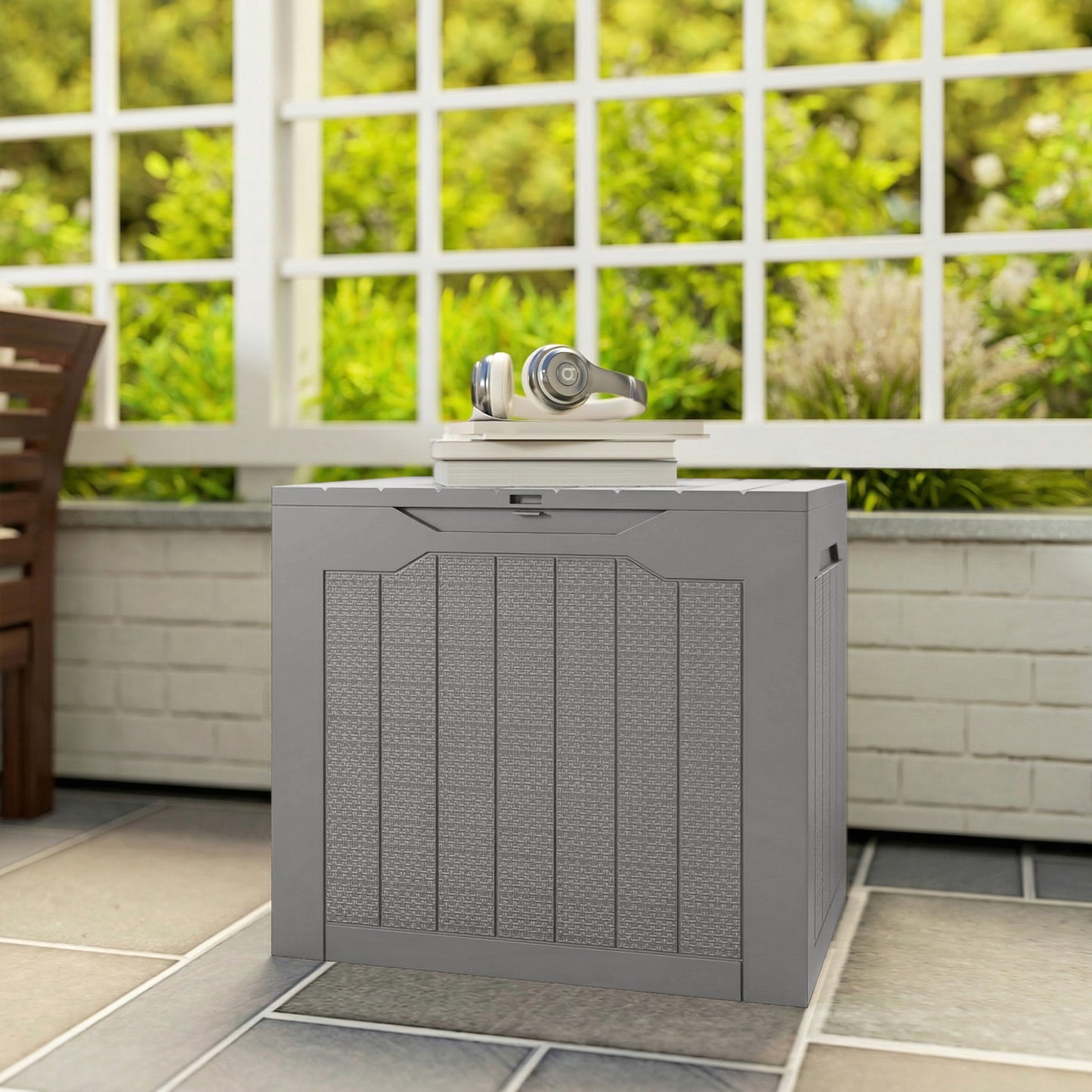 73L Plastic Garden Storage Box, Outdoor Storage Box with Handles, Waterproof Outdoor Storage Container, Khaki