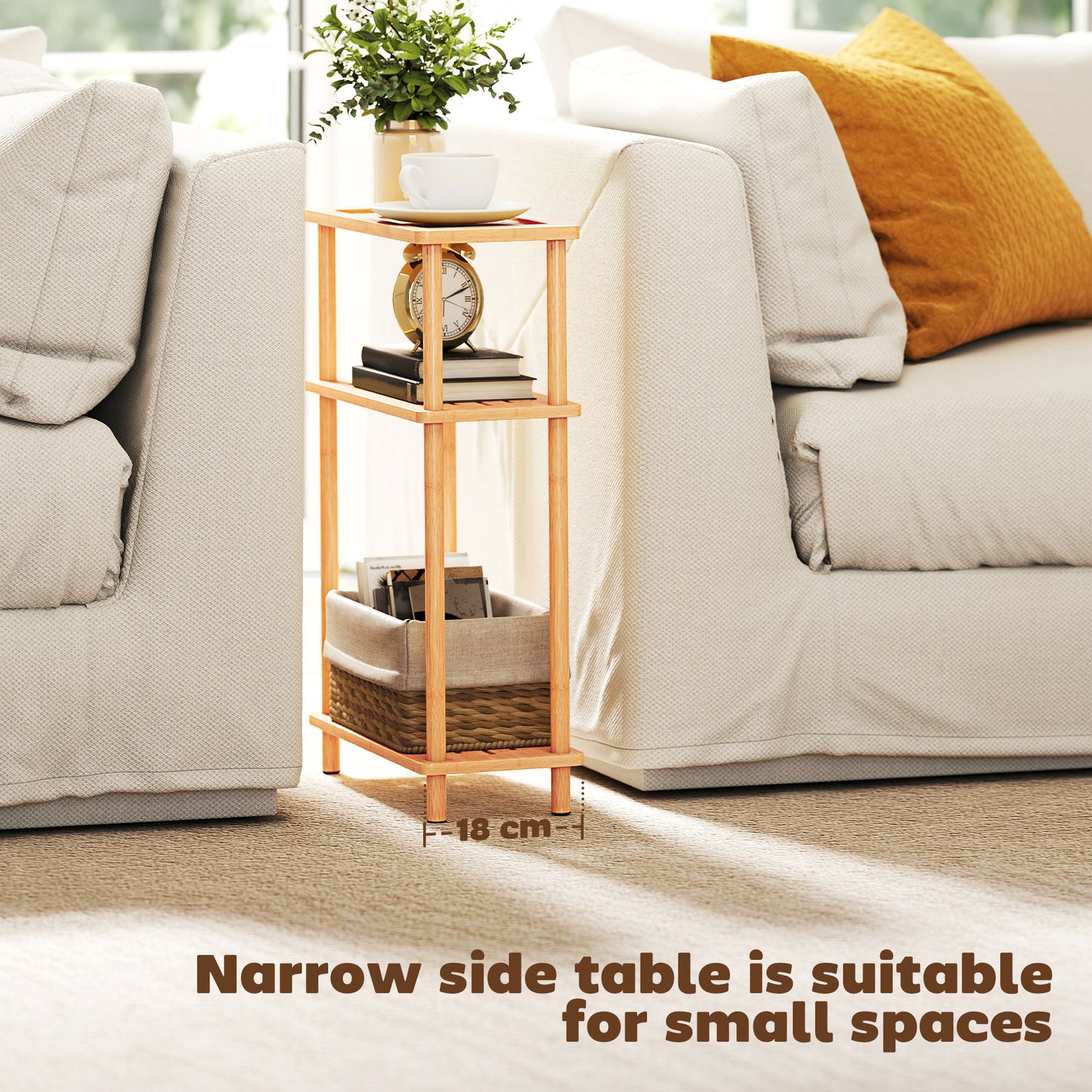 Bamboo Side Table, 3-Tier Slim End Table, Nordic Style, for Living Room, Bedroom, Office, Tool-Free Assembly