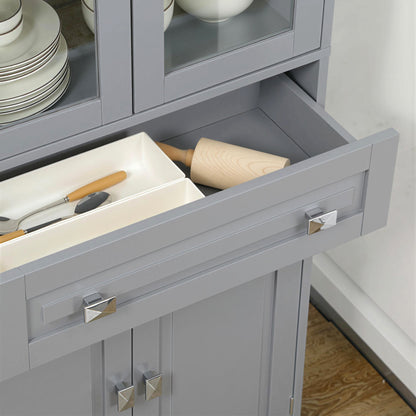 Freestanding Kitchen Cupboard, Storage Cabinet with 2 Adjustable Shelves, Drawer and Glass Door for Living Room, Grey