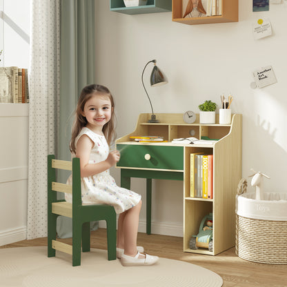 Kids Desk and Chair Set with Storage Shelves and Drawer, Green