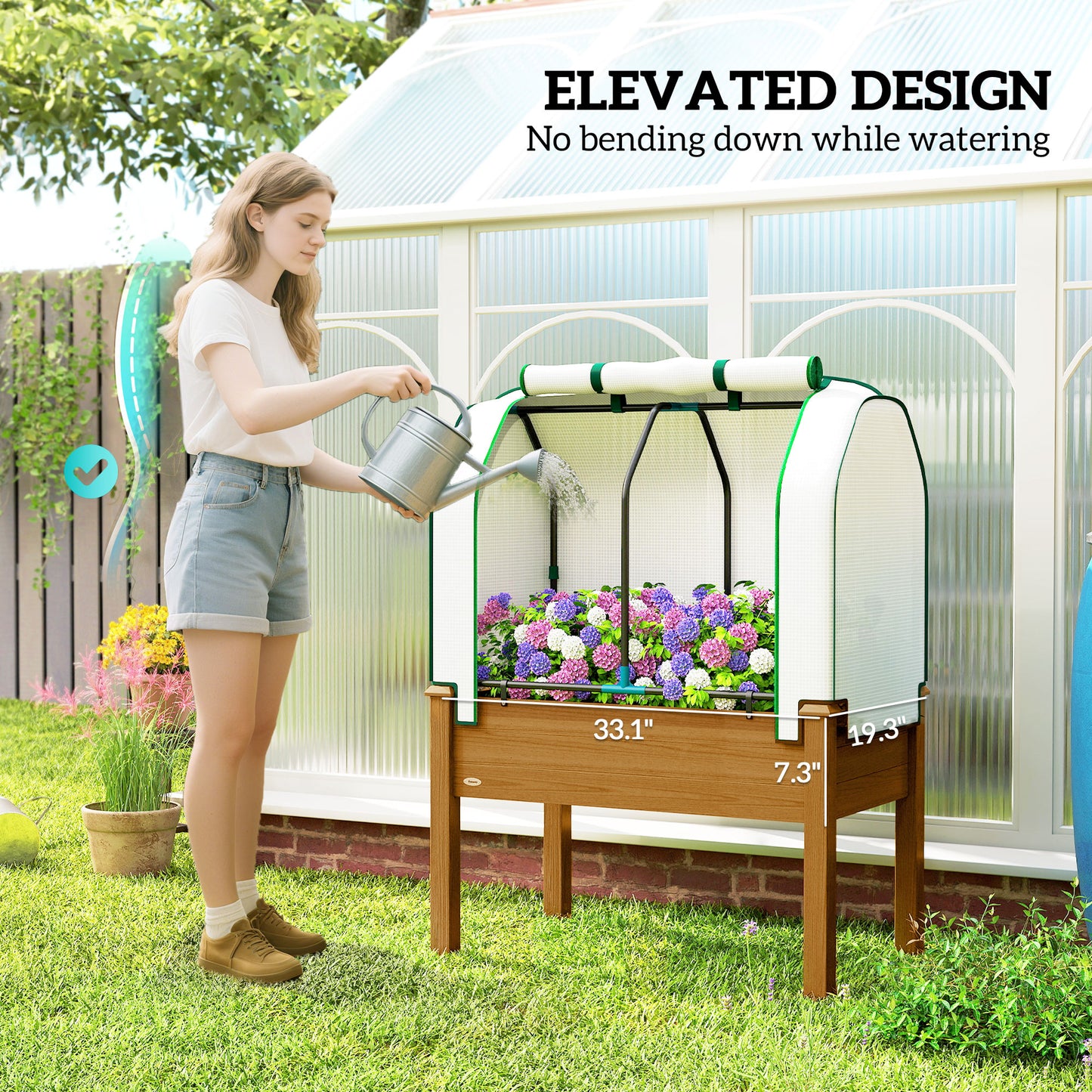 Raised Garden Bed Outdoor Elevated Wood Planter Box w/ PE Cover, Natural