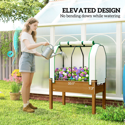 Raised Garden Bed Outdoor Elevated Wood Planter Box w/ PE Cover, Natural