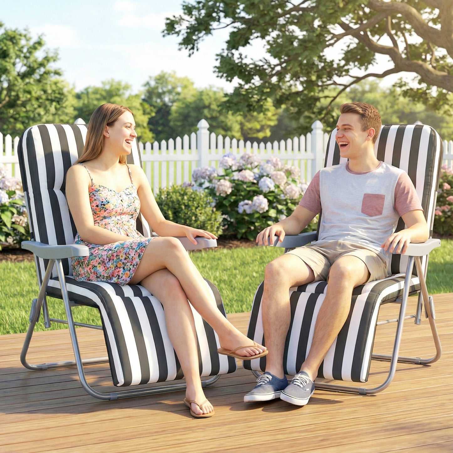 Set of 2 Foldable Patio Sun Lounger with Adjustable Backrest and Cushion, Grey and White