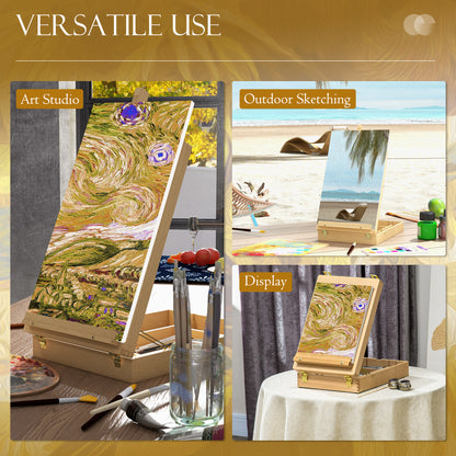 Wooden Table Easel Box Hold Canvas up to 61cm, Adjustable Beechwood Storage Table Box Easel