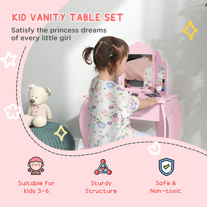 Kids Vanity Table and Chair Set with Tri-Folding Mirror and Stool, Makeup Dressing Table with Drawer, Pink