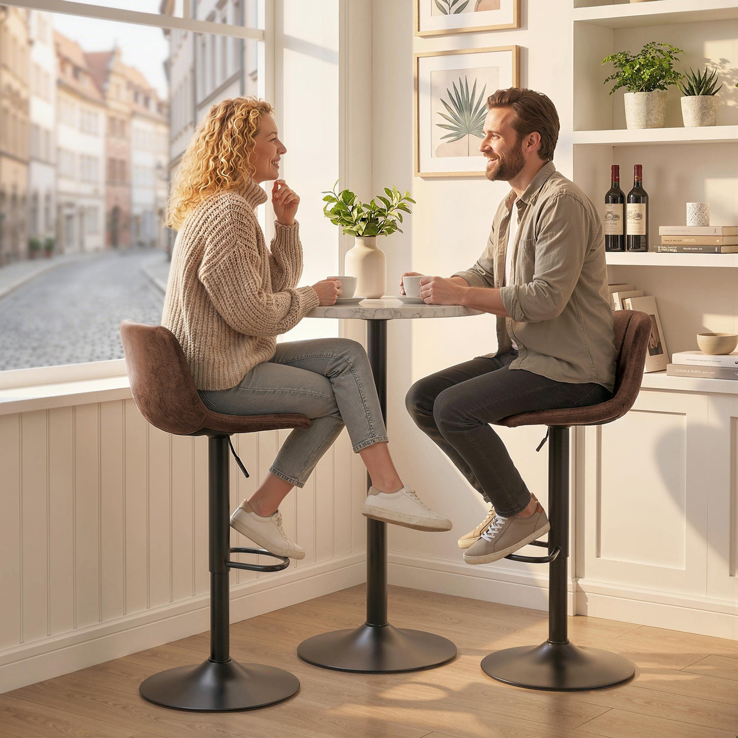 Bar Stools Set of 2, Modern Swivel Barstools with Footrest for Kitchen Island and Dining Room, Brown