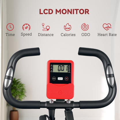 Five-in-one Foldable Exercise Bike, Stationary Bike with Arm Workout Bands, LDC Monitor, Phone Holder, Red