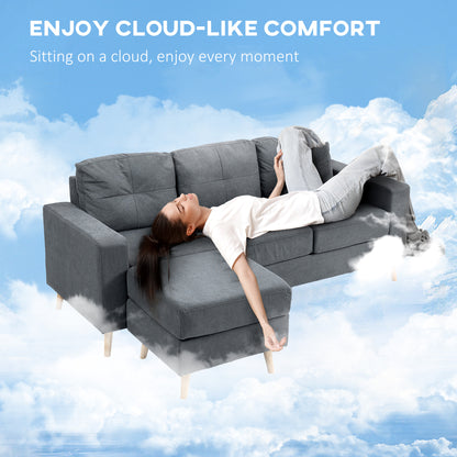 3 Seater Sofa with Footstool, Fabric L-Shaped Sofa, Sectional Couch with Wood Legs, Tufting Cushioned Back for Small Space