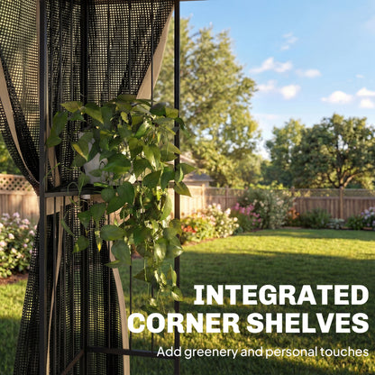 3 x 3 m Outdoor Garden Gazebo with Post Shelves, UPF50+ Double Roof Patio Permanent Pavilion, Brown