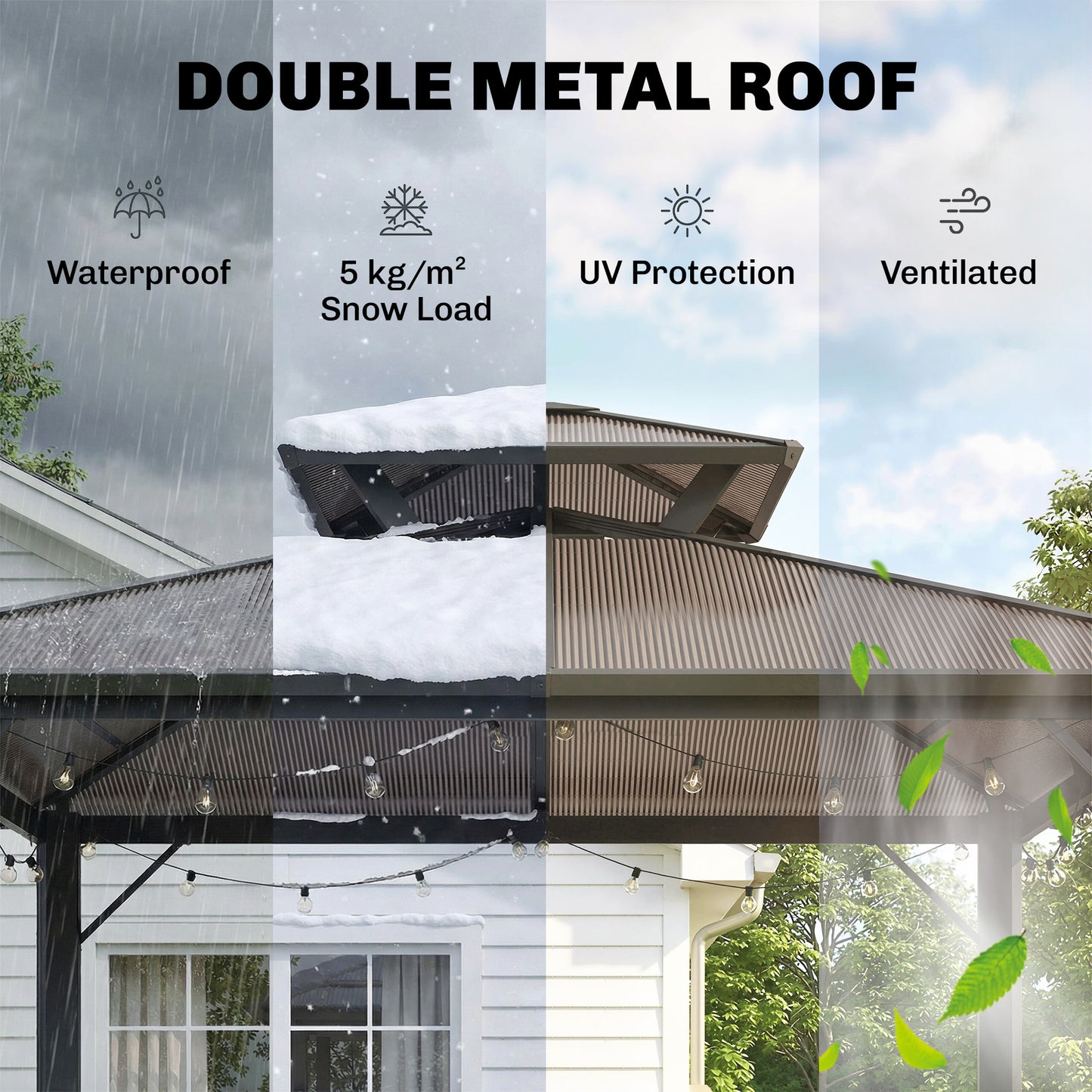 2.5 x 1.5 m Hardtop Grill Gazebo with Double Roof, Aluminium Outdoor BBQ Gazebo Shelter with 2 Side Shelves, Brown