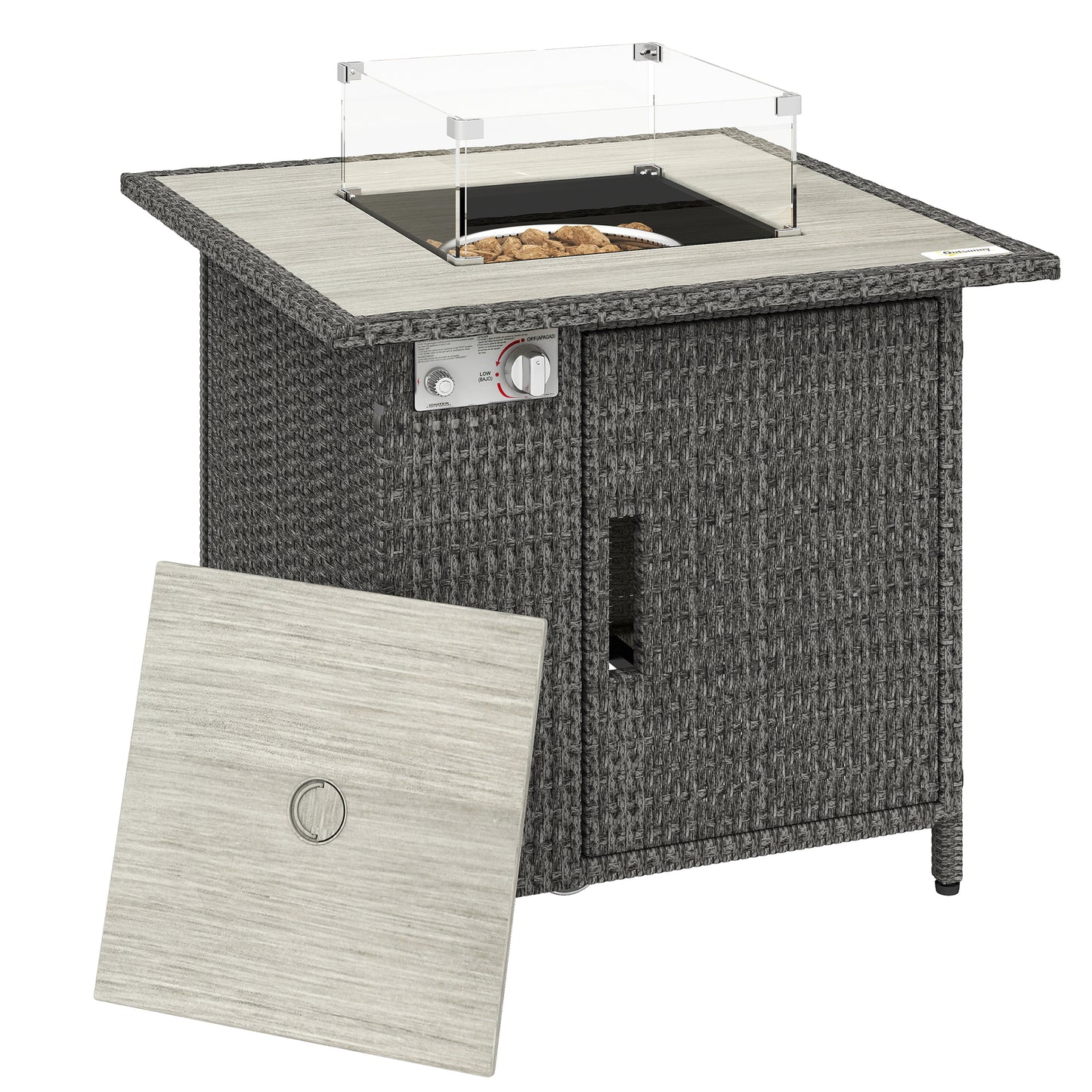 14.5 KW Rattan Gas Fire Pit Dining Table with Rain Cover, Wind Guard, Lid, Lava Rocks, Dark Grey