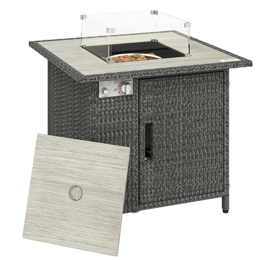 14.5 KW Rattan Gas Fire Pit Dining Table with Rain Cover, Wind Guard, Lid, Lava Rocks, Dark Grey