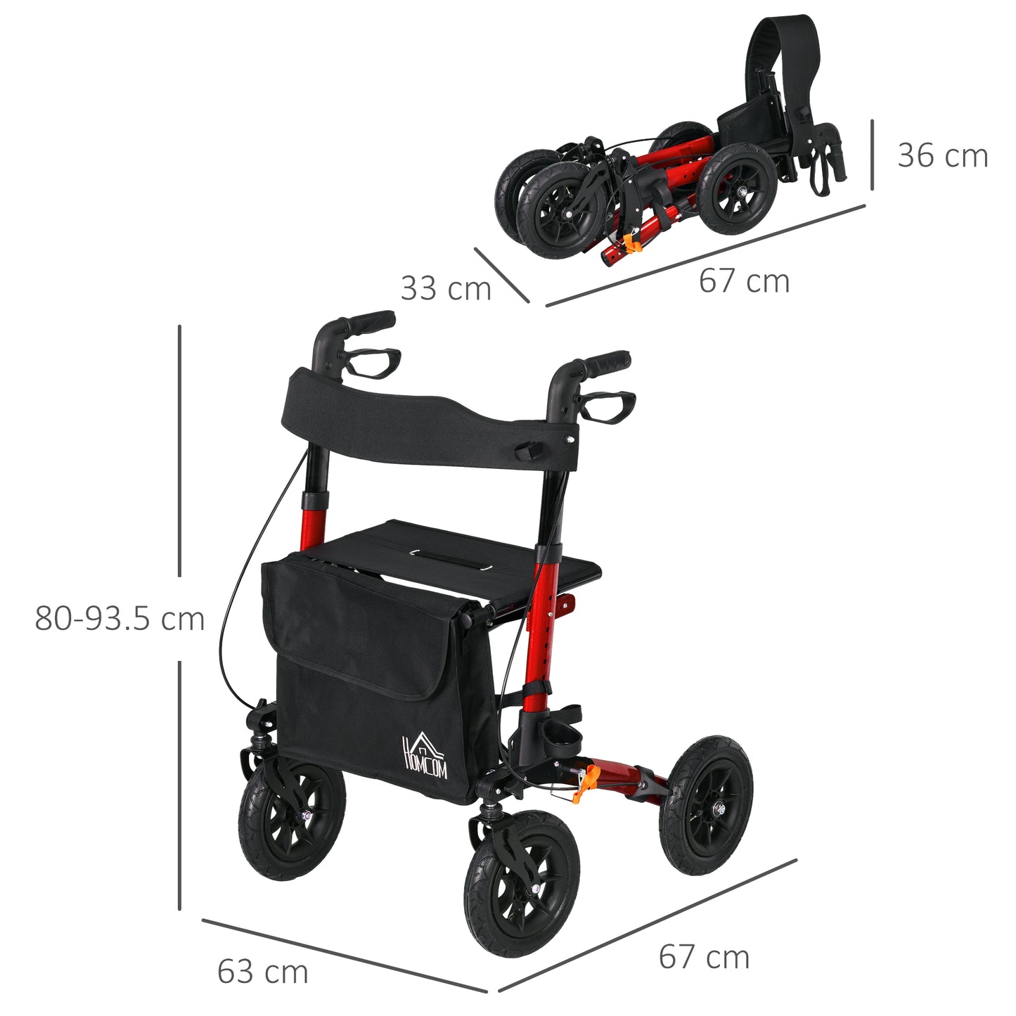 Lightweight Walking Frame, Rubber Wheels, Rollator Walker with Seat and Wheels with Adjustable Handle, Bag, Red