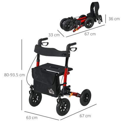 Lightweight Walking Frame, Rubber Wheels, Rollator Walker with Seat and Wheels with Adjustable Handle, Bag, Red