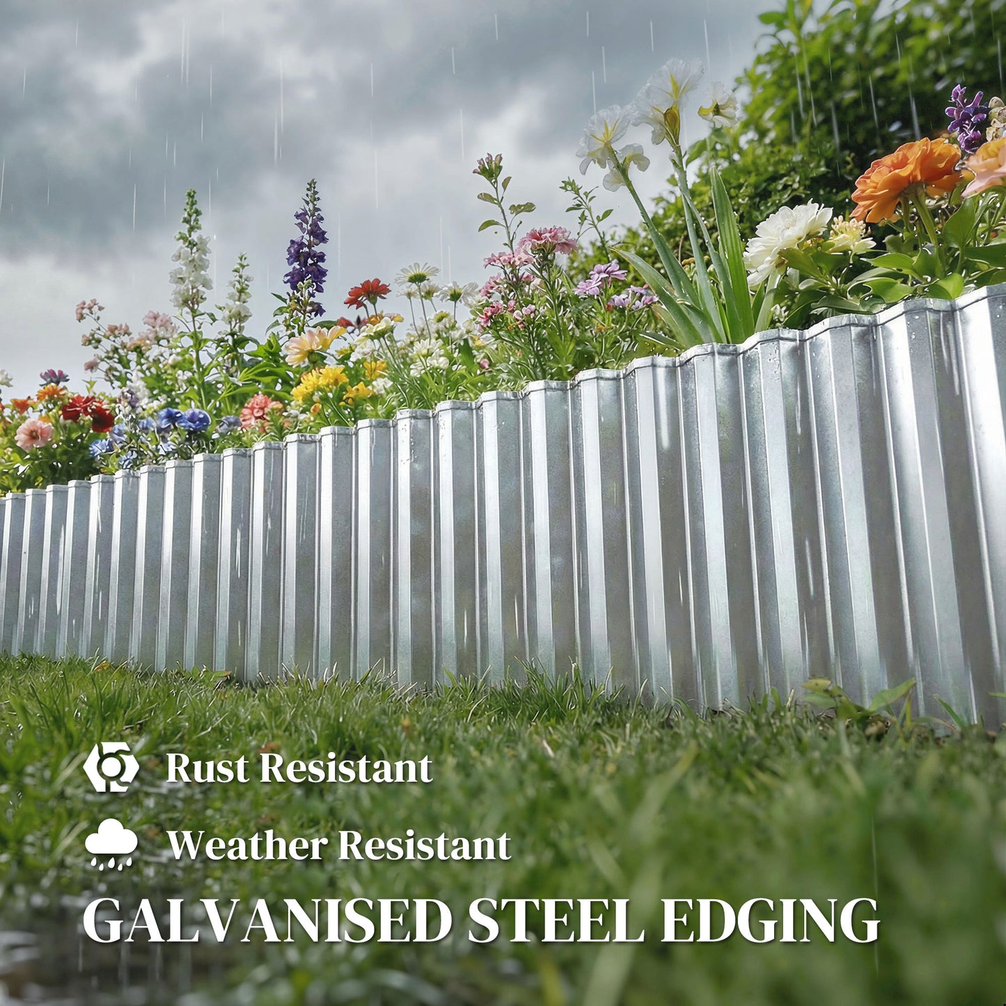 Metal Garden Edging Border, 8 in x 21.3 ft Corrugated Heavy Duty Galvanised Steel Lawn Edging, Silver Tone