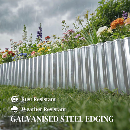 Metal Garden Edging Border, 8 in x 21.3 ft Corrugated Heavy Duty Galvanised Steel Lawn Edging, Silver Tone