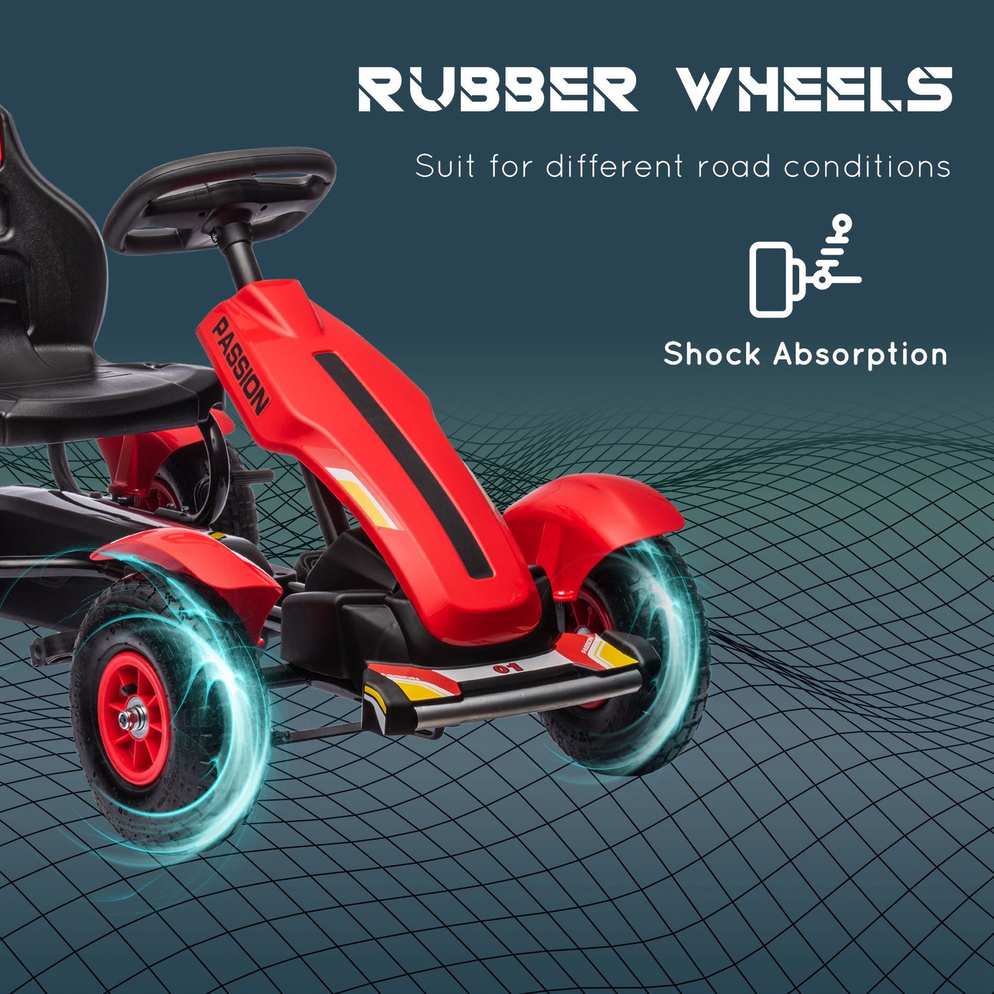 Pedal Go Kart, Kids Ride On Racer with Adjustable Seat, Inflatable Rubber Tyres, Handbrake for Ages 5-12 Years - Red