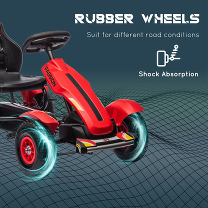 Pedal Go Kart, Kids Ride On Racer with Adjustable Seat, Inflatable Rubber Tyres, Handbrake for Ages 5-12 Years - Red