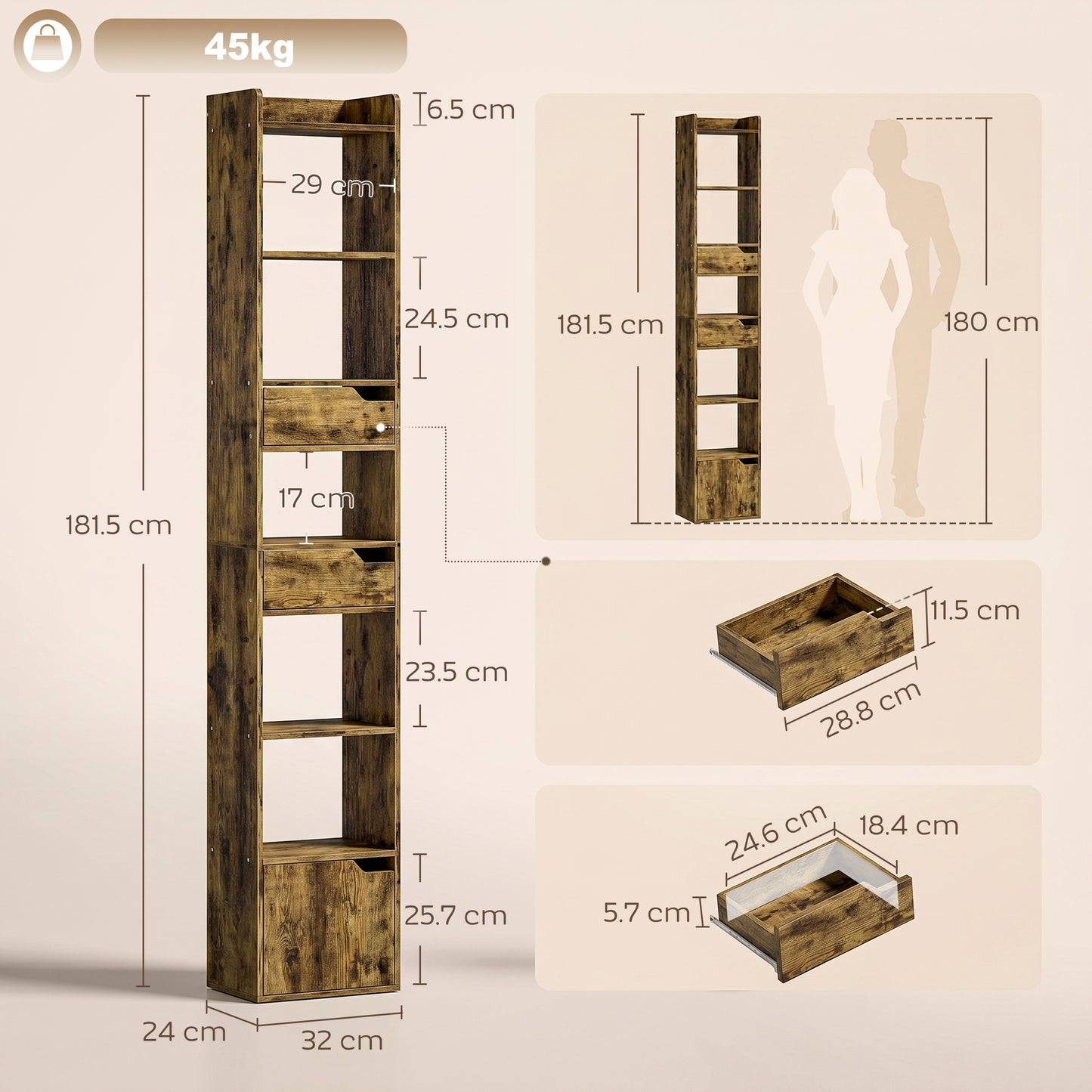 Bookcase Tall Narrow with 5 Tiers and Drawers Freestanding Bookshelf Storage Cabinet for Living Room Rustic Brown