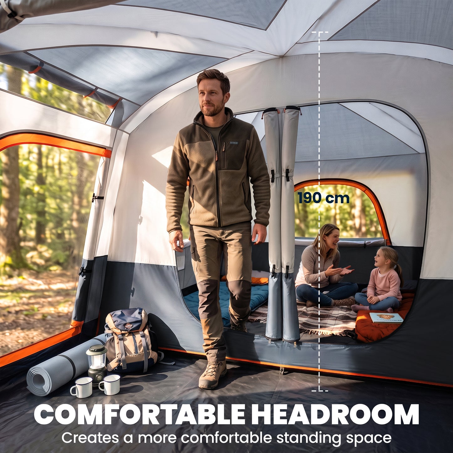 4 Man Camping Tent, Double Layer Tunnel Tent with Porch, Living Area and 2 Bedrooms, Sewn in Groundsheet