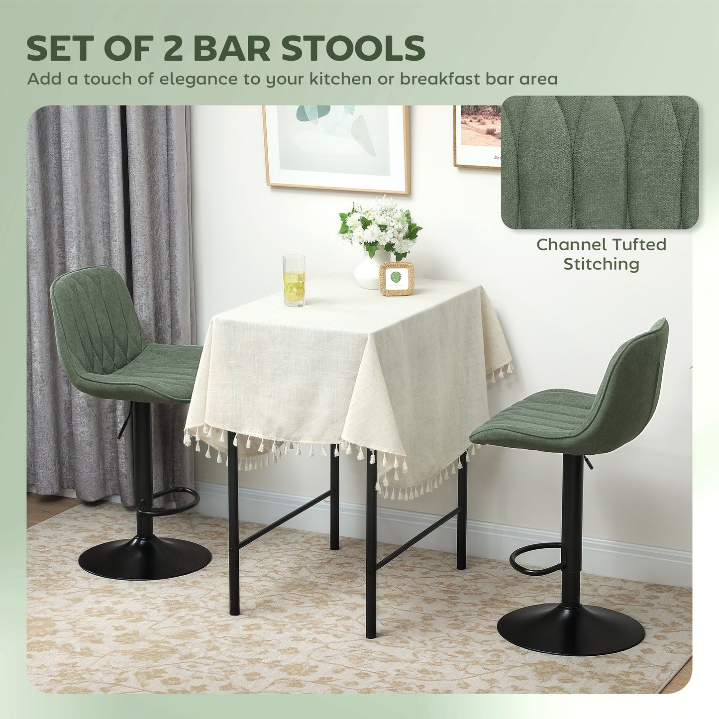 Breakfast Bar Stools Set of 2 Linen upholstery 60-80cm Adjustable Height - Green
