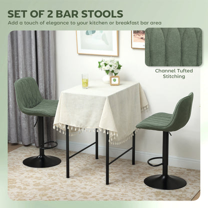 Breakfast Bar Stools Set of 2 Linen upholstery 60-80cm Adjustable Height - Green