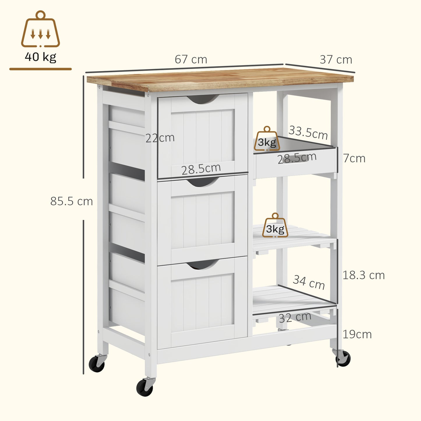 Rolling Kitchen Island Cart, Bar Serving Cart, Compact Trolley on Wheels with Wood Top