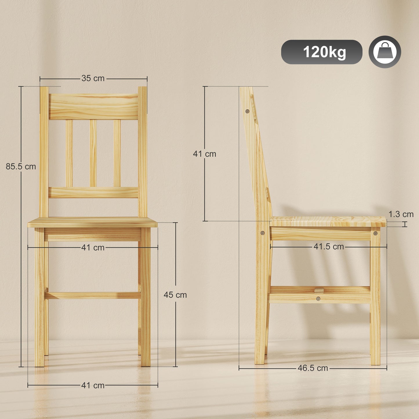 Dining Chairs Set of 2, Kitchen Chair with Slat Back, Pine Wood Structure for Living Room and Dining Room, Natural