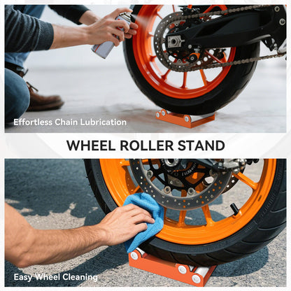 Motorcycle Wheel Cleaning Roller Stand with Steel Frame, Aluminium Rollers