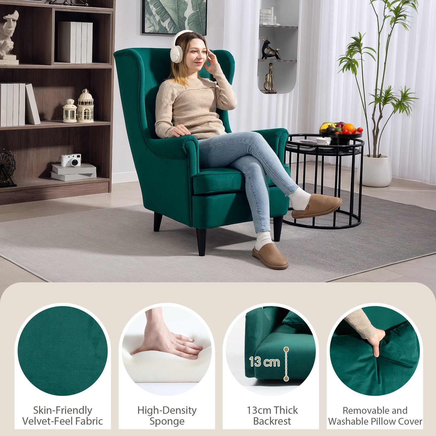 Modern Accent Chair with High Backrest and Pillow, Velvet-Feel Fabric Reading Chair with Solid Wood Legs, Green