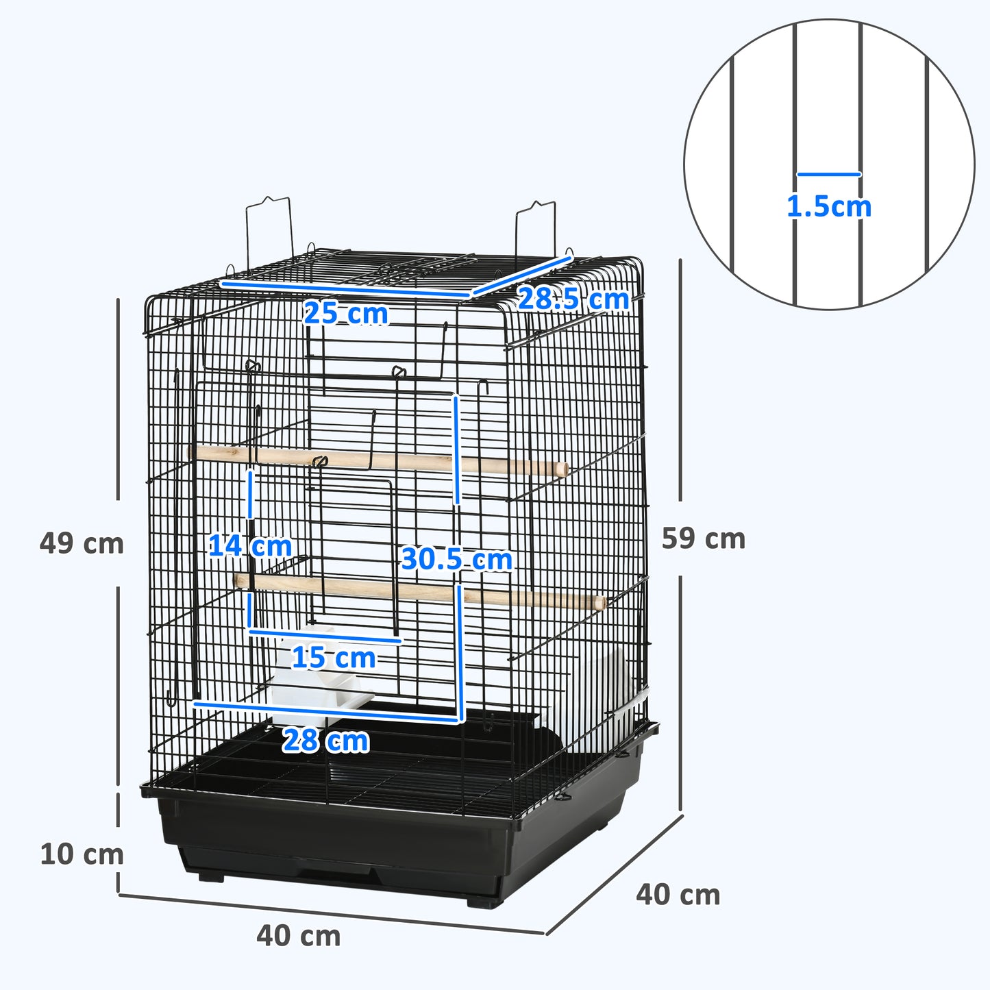 Steel Bird Cage with Openable Top, Stand, Tray, Handles, Feeding Bowls for Parakeet Cockatiel - Black