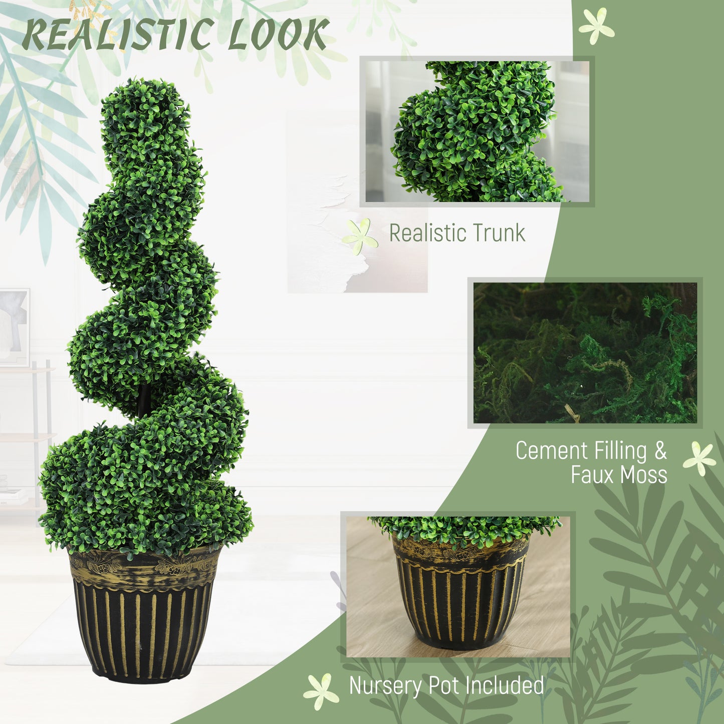 Set of 2 Artificial Plants, Topiary Spiral Boxwood Trees with Pot, for Home Indoor Outdoor Decor, 90cm